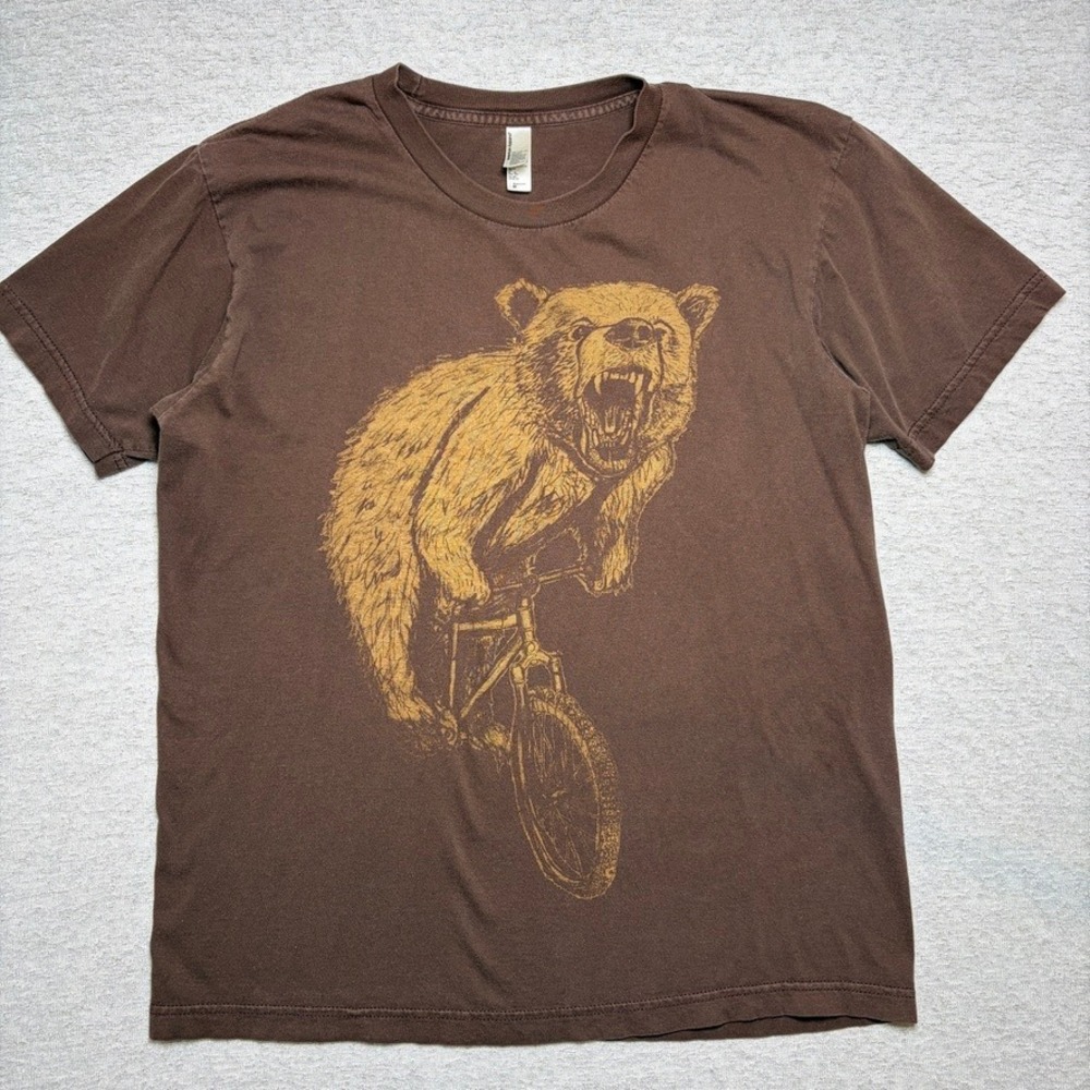 American Apparel Mens T-Shirt Medium Brown Bear Riding Bike Graphic Retro Style